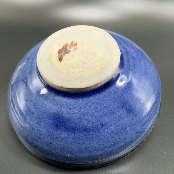 Hand Made Pottery Flower Frog Dish Container Vase Artist Signed Blue Glazed VTG - Picture 9 of 12